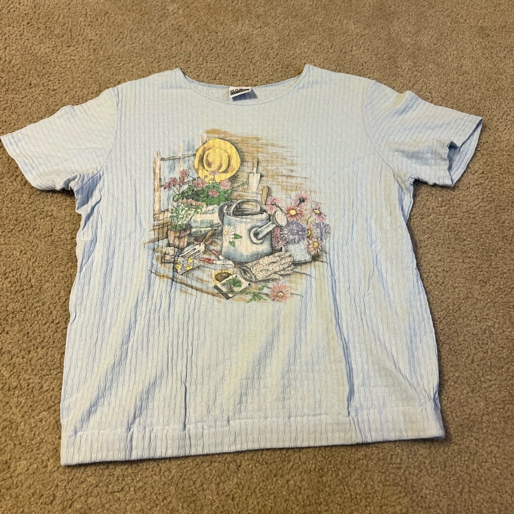 Basic Editions Light Blue Tee with Floral Watering Can Design